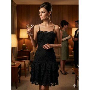 Vintage 60s Anita Modes Black Lace Tiered Ruffle Cocktail Party Dress Bow XS 2